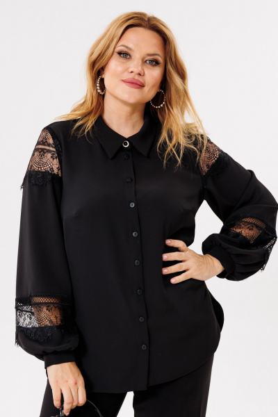 Блуза из струящейся ткани с кружевными рукавами на пуговицах BRELA 2383 черный - фото 3