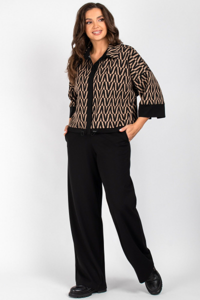 Костюм жакет и брюки прямого силуэта из трикотажа VIZAVI 812 кэмел+черный - фото 1