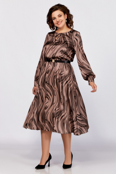 Платье из струящегося сатина с ремнем и капелькой Swallow 787 светлый_тауп/"разводы" - фото 4