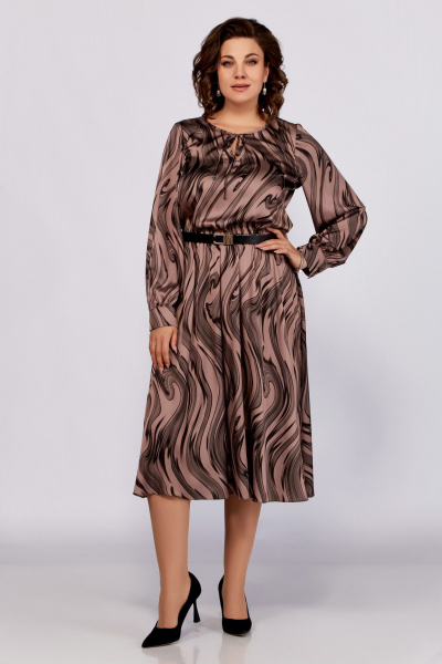 Платье из струящегося сатина с ремнем и капелькой Swallow 787 светлый_тауп/"разводы" - фото 3