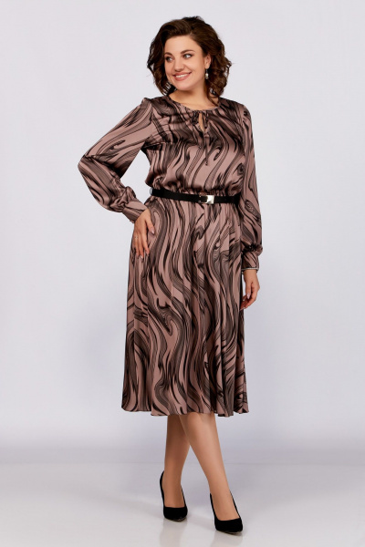 Платье из струящегося сатина с ремнем и капелькой Swallow 787 светлый_тауп/"разводы" - фото 1