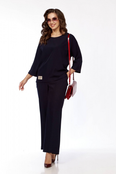 Стильный комплект блуза и брюки с аппликацией из текстиля Taita plus 2423 т.синий - фото 4
