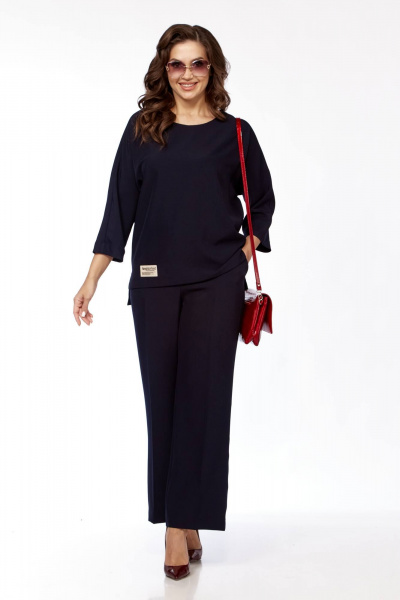 Стильный комплект блуза и брюки с аппликацией из текстиля Taita plus 2423 т.синий - фото 3