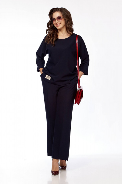 Стильный комплект блуза и брюки с аппликацией из текстиля Taita plus 2423 т.синий - фото 2