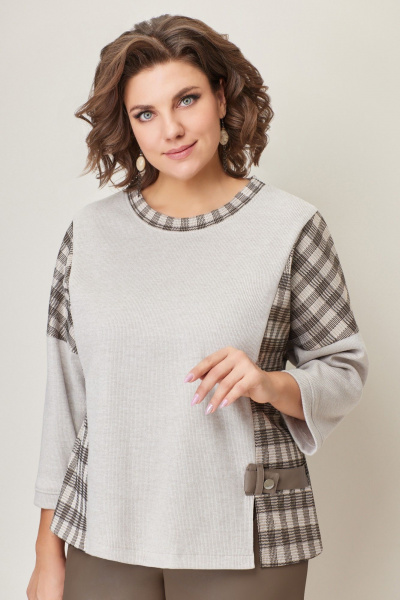 Брюки из искусственной кожи и трикотажный джемпер в стиле casual VOLNA 1373 коричнево-бежевый - фото 2