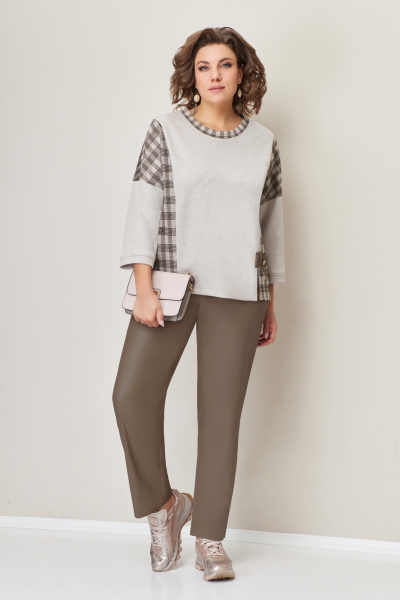Брюки из искусственной кожи и трикотажный джемпер в стиле casual VOLNA 1373 коричнево-бежевый - фото 1