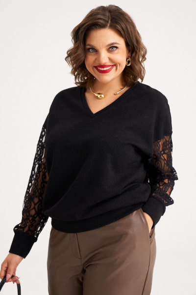 Демисезонный свободный черный джемпер с рукавом из гипюра Almirastyle 388 - фото 4