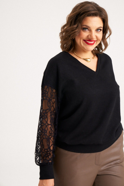 Демисезонный свободный черный джемпер с рукавом из гипюра Almirastyle 388 - фото 3