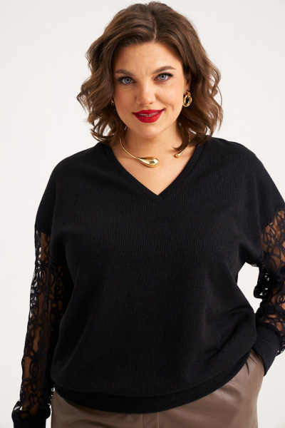Демисезонный свободный черный джемпер с рукавом из гипюра Almirastyle 388 - фото 2
