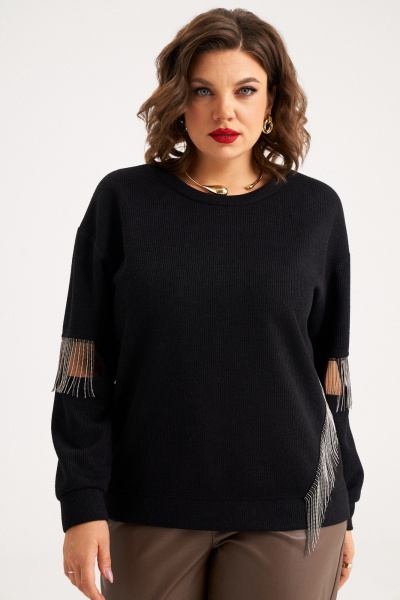 Демисезонный свободный черный джемпер с вставками-тесьмой Almirastyle 390 - фото 1