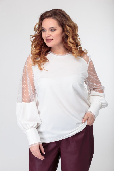 Белая блуза с кружевными кокетками и тонкой сеткой Anelli 845 белый_гипюр - фото 6