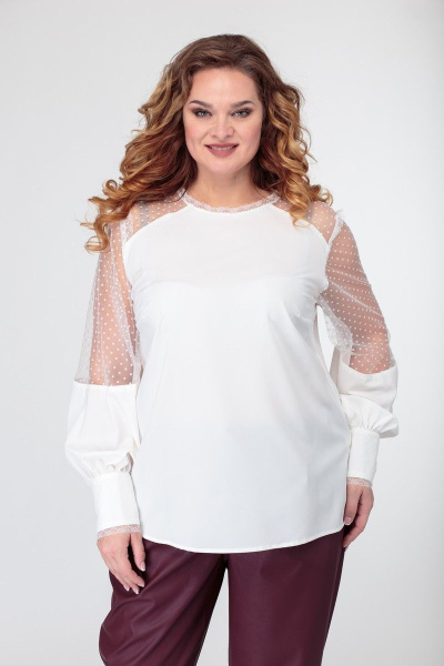 Белая блуза с кружевными кокетками и тонкой сеткой Anelli 845 белый_гипюр - фото 1
