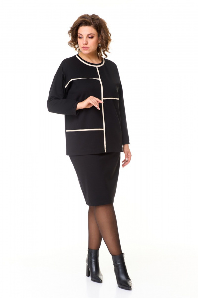 Демисезонный костюм юбка и джемпер с кожаной отделкой T&N 7570 черный - фото 1
