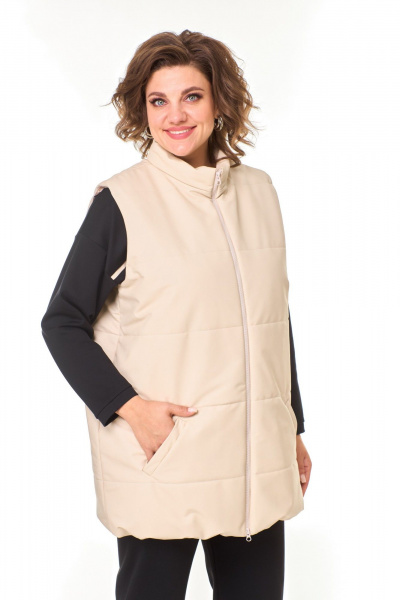 Демисезонный костюм брюки, джемпер и жилет из эко-кожи T&N 7573 песочный+черный - фото 5