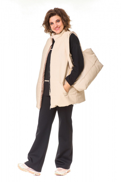 Демисезонный костюм брюки, джемпер и жилет из эко-кожи T&N 7573 песочный+черный - фото 2