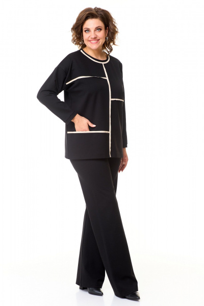 Демисезонный костюм брюки, джемпер и жилет из эко-кожи T&N 7573 песочный+черный - фото 8