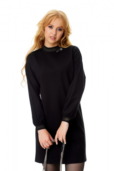 Мини черное платье из трикотажа с декоративной тесьмой и длинным рукавом T&N 7576 черный - фото 4