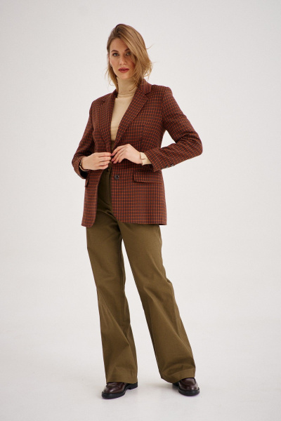 Костюм женский клетчатый жакет и прямые брюки хлопок EZER 2101 рыжий/хаки - фото 2