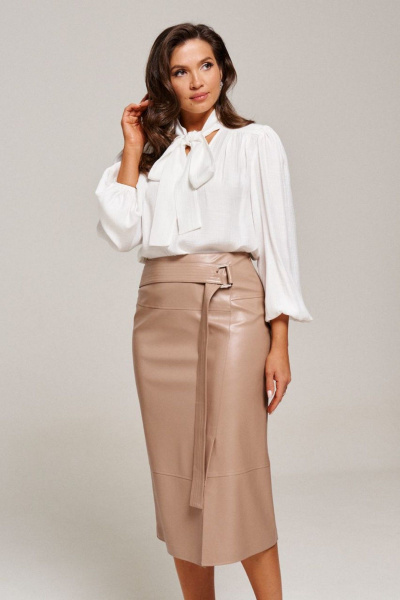 Юбка из экокожи миди с имитацией запаха и поясом AltaModa 1015-1 бежевый - фото 2