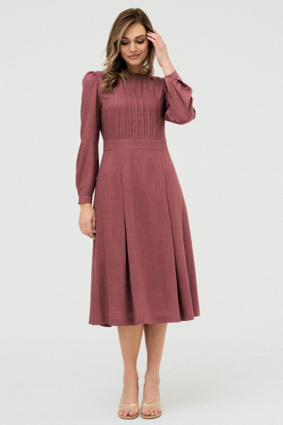 Платье из льна с защипами и рукавом-фонариком миди AltaModa 1012 бордовый - фото 3