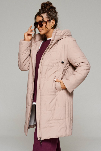 Пальто демисезонное прямое с капюшоном и карманами Beautiful&Free 6238 бежевый - фото 6