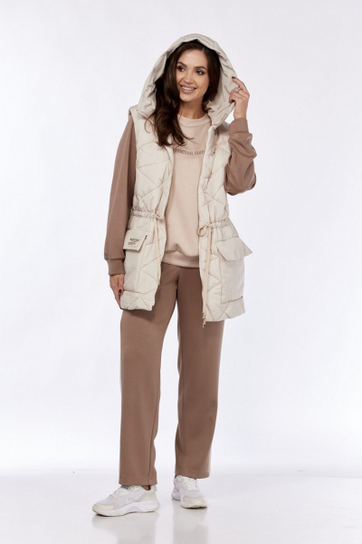 Спортивный комплект из брюк, жилета и свитшота из тканей Милора-стиль 1261 молочный+беж - фото 1