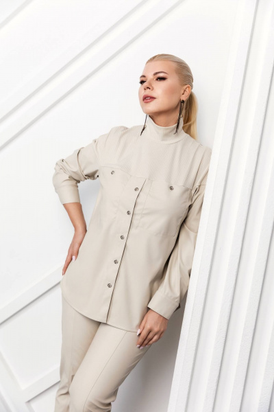 Блуза экокожа с воротником и карманами ASV 2732 бежевый - фото 7