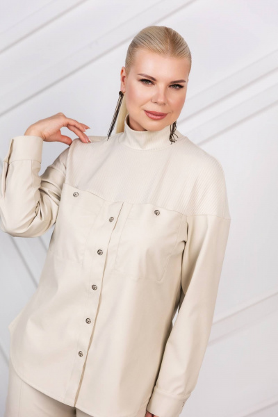 Блуза экокожа с воротником и карманами ASV 2732 бежевый - фото 1