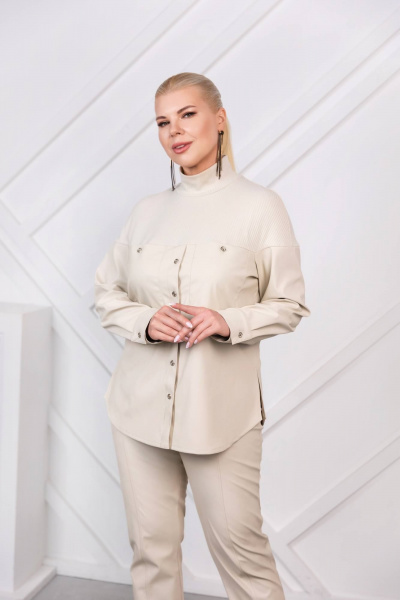 Блуза экокожа с воротником и карманами ASV 2732 бежевый - фото 2