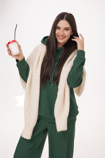 Двойка из трикотажа: брюки-палаццо и удлиненное худи Твой имидж 1986 бутылочная_зелень - фото 6