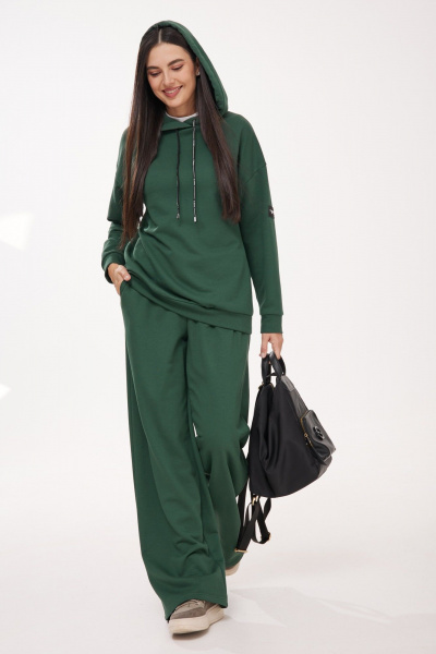 Двойка из трикотажа: брюки-палаццо и удлиненное худи Твой имидж 1986 бутылочная_зелень - фото 3