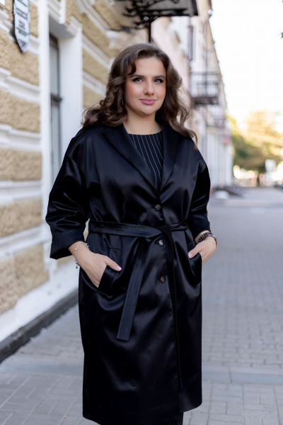 Демисезонный плащ прямого силуэта с поясом и пиджачным воротником Andina city 7010-24 черный - фото 5