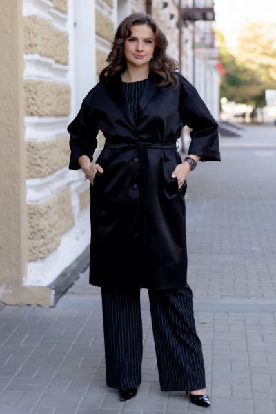 Демисезонный плащ прямого силуэта с поясом и пиджачным воротником Andina city 7010-24 черный - фото 2
