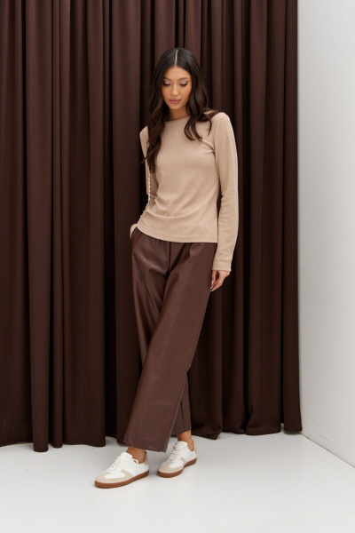 Бежевый прилегающий джемпер с овальной горловиной ANNETE A989 - фото 4