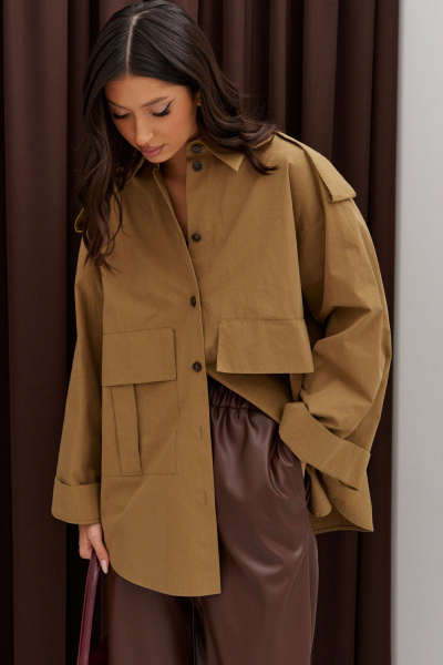 Рубашка из хлопка хаки с накладными карманами ANNETE A992 - фото 4