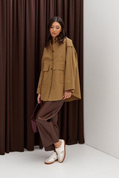 Рубашка из хлопка хаки с накладными карманами ANNETE A992 - фото 3