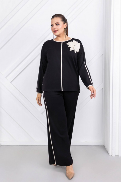 Джемпер прямого кроя из трикотажа с эко кожными вставками ASV 2753 черно-бежевый - фото 4