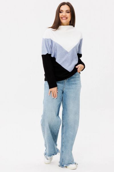 Джемпер свободного силуэта из трикотажа с подрезами из разнокрашенного трикотажа Ma Сherie 1124 голубой - фото 2
