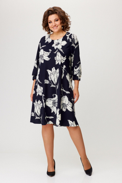 Платье А-образного силуэта из плательного крепа с рукавом 3/4 Slaviaelit 545 т.синий - фото 1