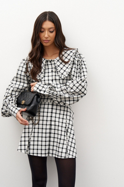 Рубашка в клетку свободного кроя с оборками и карманами ANNETE A2007 - фото 3