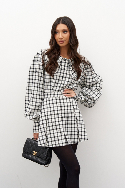 Рубашка в клетку свободного кроя с оборками и карманами ANNETE A2007 - фото 2