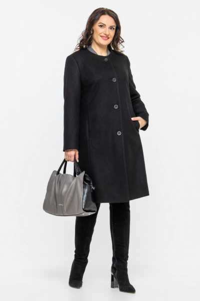 Пальто прямого силуэта из шерстяной ткани с классической горловиной Дорофея 402 черный - фото 3