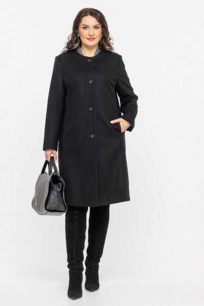 Пальто прямого силуэта из шерстяной ткани с классической горловиной Дорофея 402 черный - фото 2