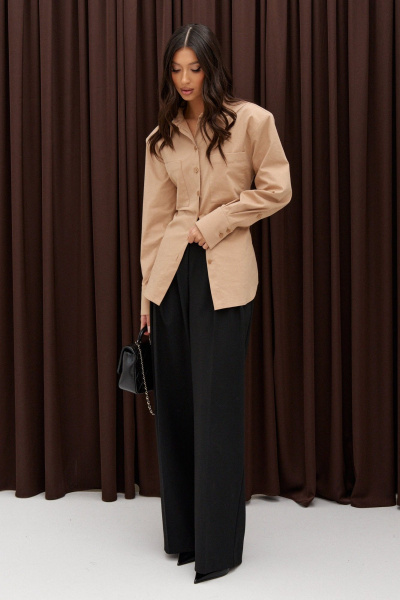 Рубашка деловая из бежевого текстиля с застежками на пуговицы ANNETE A2023 - фото 7