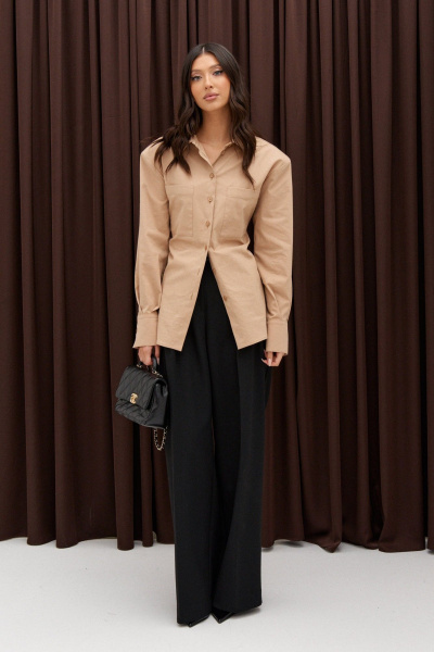 Рубашка деловая из бежевого текстиля с застежками на пуговицы ANNETE A2023 - фото 6