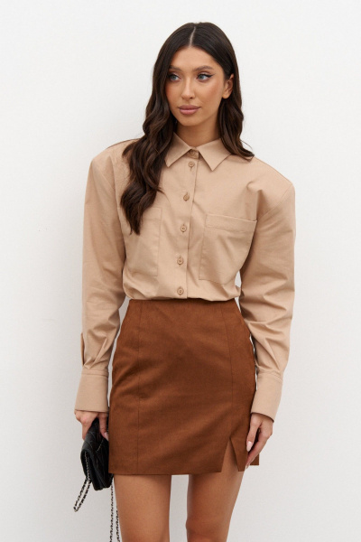 Рубашка деловая из бежевого текстиля с застежками на пуговицы ANNETE A2023 - фото 3