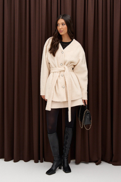 Молочный кардиган из фактурной ткани с объемным рукавом ANNETE A5350 - фото 7