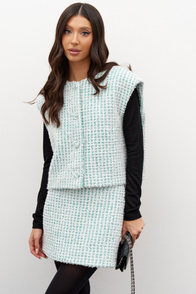 Жилет из букле в бело-зеленой расцветке с застежкой на пуговицы ANNETE A5352 - фото 3