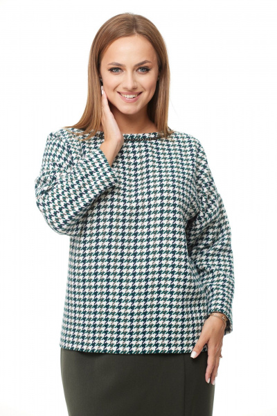 Комплект из блузки и юбки из текстиля для повседневности Anastasia 1042.1 зеленый_гус.лапка/олива - фото 6