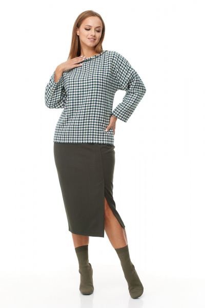 Комплект из блузки и юбки из текстиля для повседневности Anastasia 1042.1 зеленый_гус.лапка/олива - фото 4